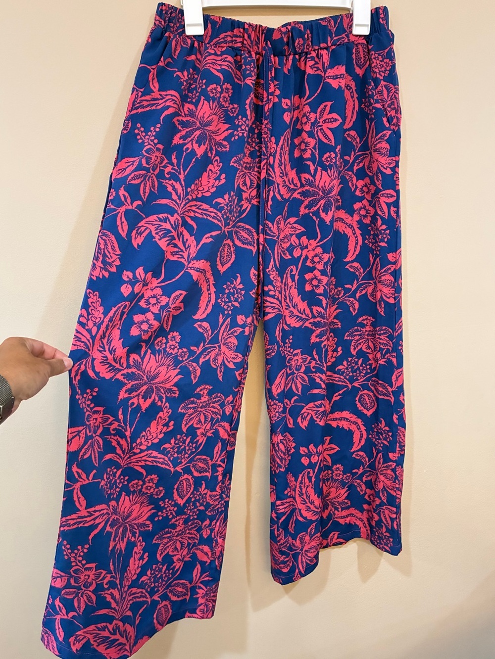 Floral Wide-Leg Elastic waist Palazzo Pants in Navy & Hot Pink